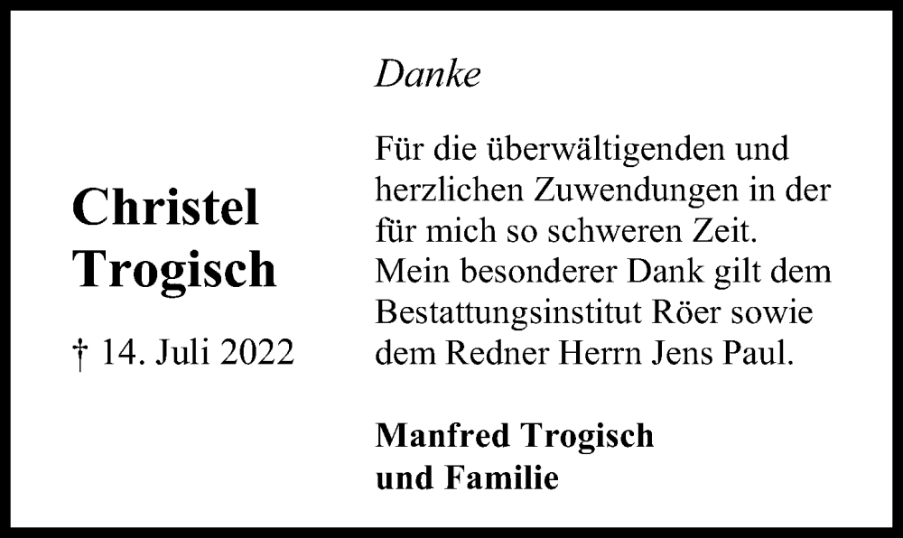 Traueranzeige für Christel Trogisch vom 06.08.2022 aus Kieler Nachrichten