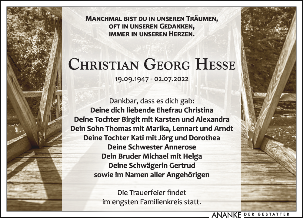  Traueranzeige für Christian Georg Hesse vom 16.07.2022 aus Leipziger Volkszeitung