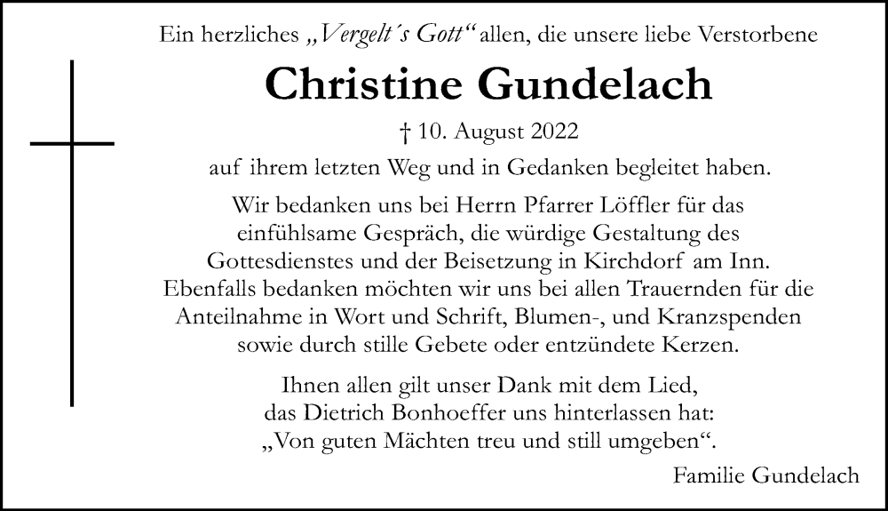  Traueranzeige für Christine Gundelach vom 27.08.2022 aus Göttinger Tageblatt
