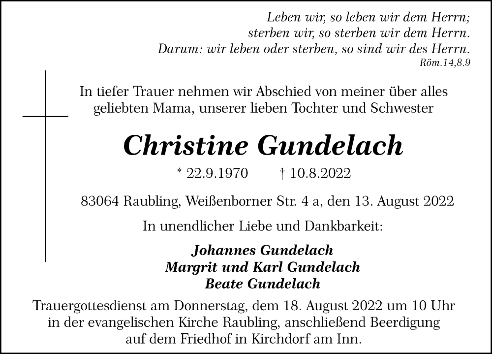  Traueranzeige für Christine Gundelach vom 13.08.2022 aus Göttinger Tageblatt