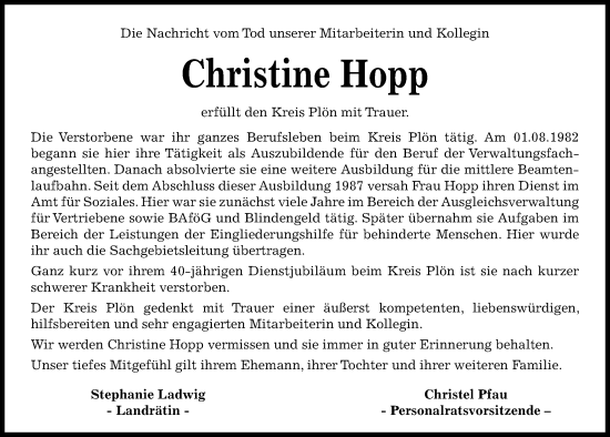 Traueranzeige von Christine Hopp von Kieler Nachrichten
