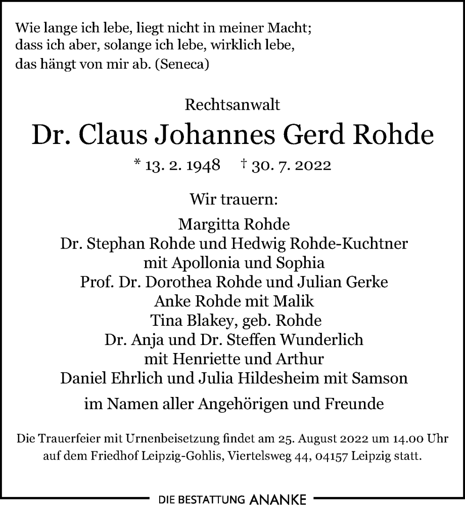  Traueranzeige für Claus Johannes Gerd Rohde vom 13.08.2022 aus Leipziger Volkszeitung
