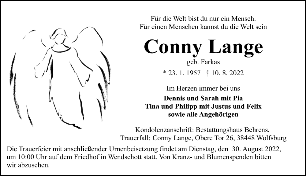  Traueranzeige für Conny Lange vom 13.08.2022 aus Aller Zeitung