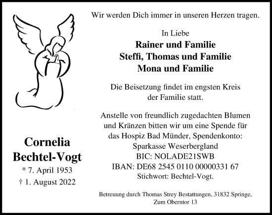 Traueranzeige von Cornelia Bechtel-Vogt von Hannoversche Allgemeine Zeitung/Neue Presse