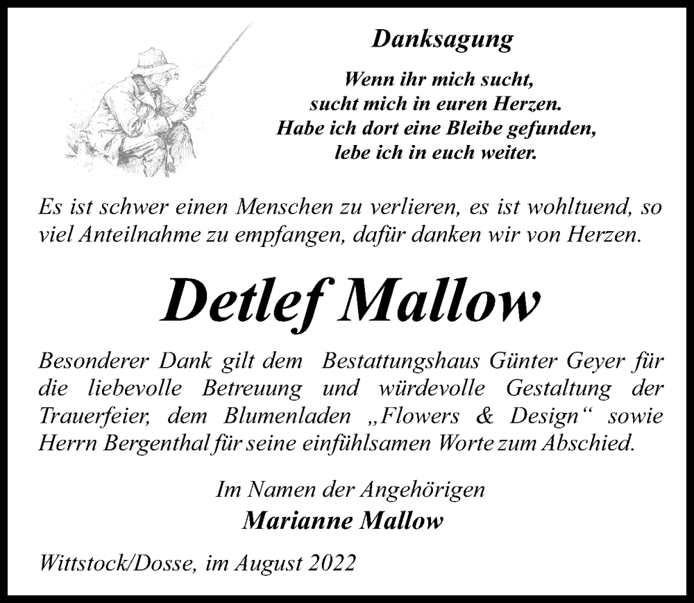 Traueranzeige für Detlef Mallow vom 27.08.2022 aus Märkischen Allgemeine Zeitung