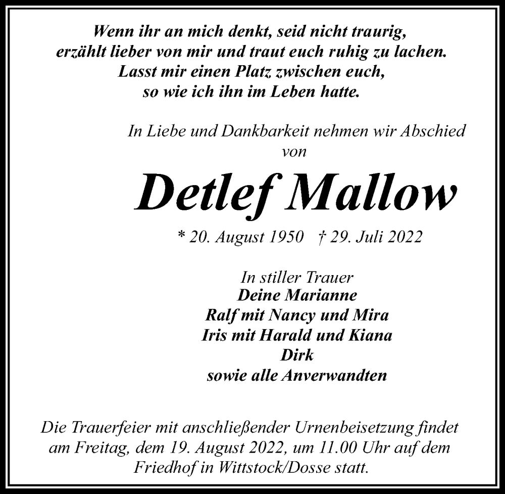  Traueranzeige für Detlef Mallow vom 06.08.2022 aus Märkischen Allgemeine Zeitung