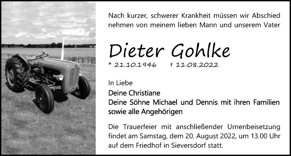  Traueranzeige für Dieter Gohlke vom 16.08.2022 aus Märkischen Allgemeine Zeitung