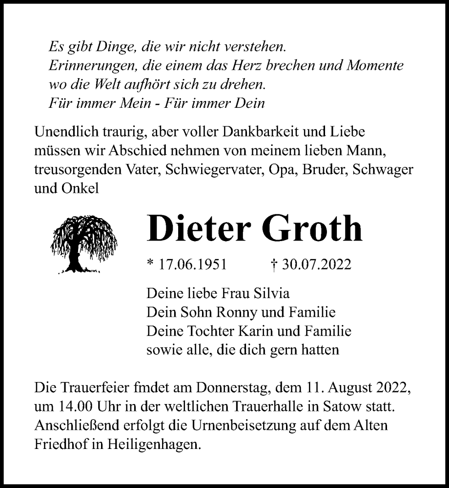 Traueranzeige für Dieter Groth vom 09.08.2022 aus Ostsee-Zeitung GmbH