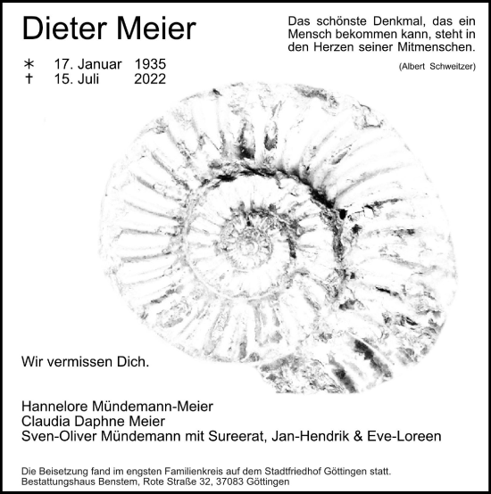 Traueranzeige von Dieter Meier von Göttinger Tageblatt
