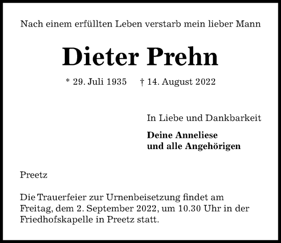 Traueranzeige von Dieter Prehn von Kieler Nachrichten