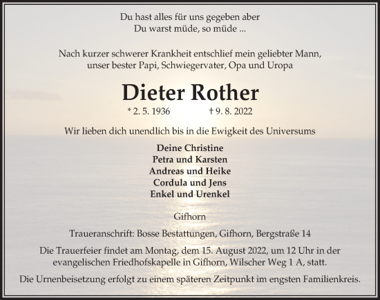 Traueranzeige von Dieter Rother von Aller Zeitung