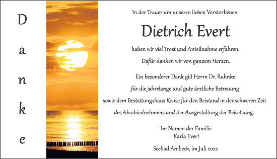 Traueranzeige von Dietrich Evert von Ostsee-Zeitung GmbH