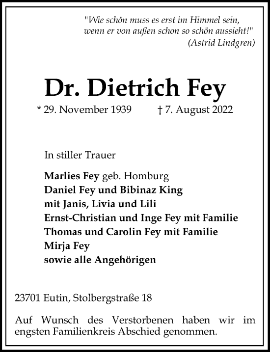 Traueranzeige von Dietrich Fey von Lübecker Nachrichten