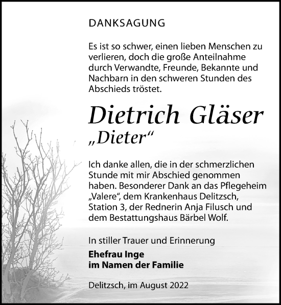 Traueranzeige von Dietrich Gläser von Leipziger Volkszeitung