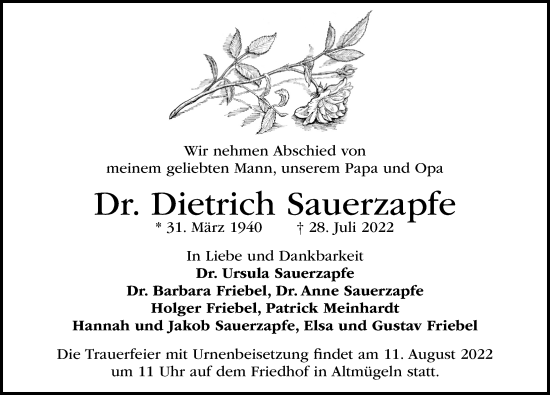 Traueranzeige von Dietrich Sauerzapfe von Leipziger Volkszeitung