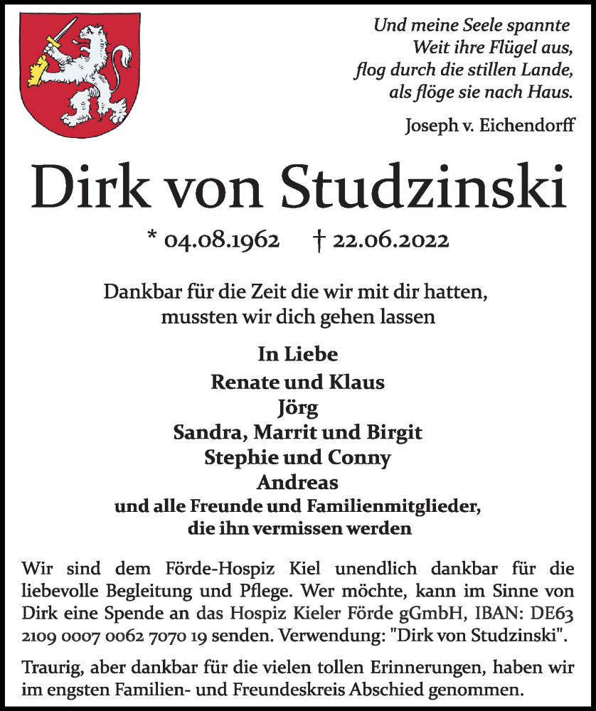 Traueranzeige für Dirk von Studzinski vom 06.08.2022 aus Kieler Nachrichten