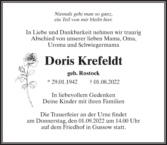 Traueranzeige von Doris Krefeldt von Märkischen Allgemeine Zeitung