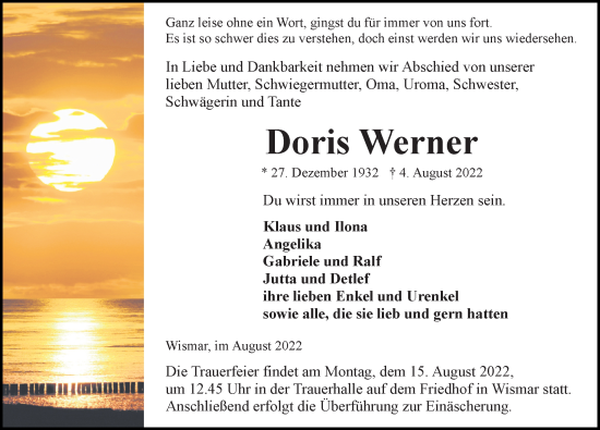 Traueranzeige von Doris Werner von Ostsee-Zeitung GmbH