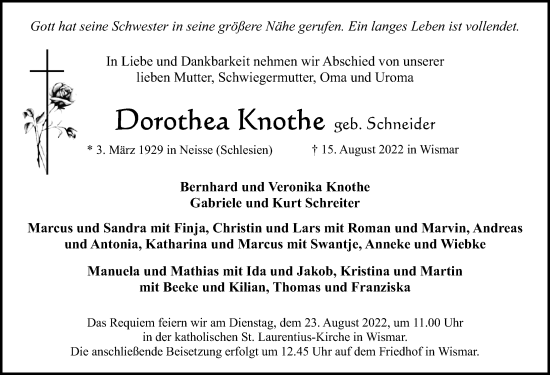 Traueranzeige von Dorothea Knothe von Ostsee-Zeitung GmbH