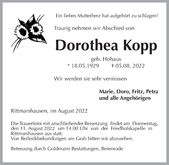 Traueranzeige von Dorothea Kopp von Göttinger Tageblatt