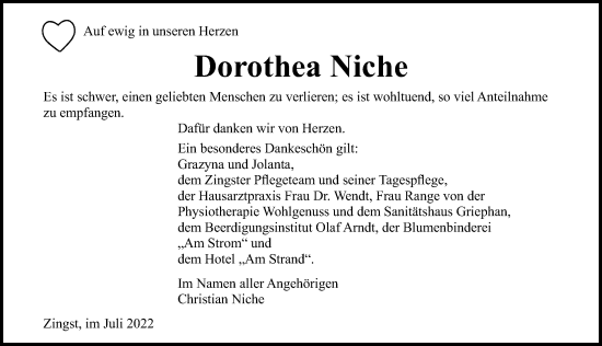 Traueranzeige von Dorothea Niche von Ostsee-Zeitung GmbH
