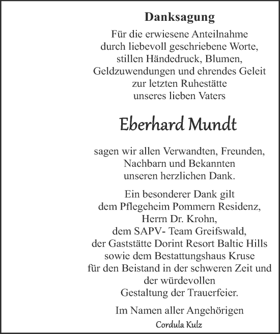 Traueranzeige von Eberhard Mundt von Ostsee-Zeitung GmbH