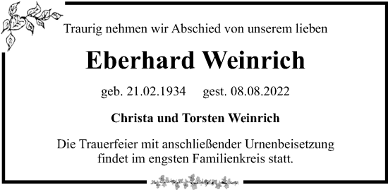 Traueranzeige von Eberhard Weinrich von Leipziger Volkszeitung