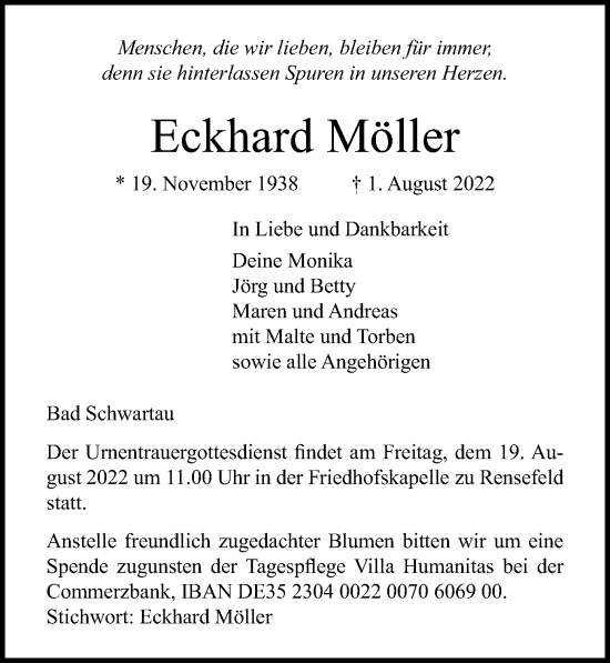 Traueranzeige von Eckhard Möller von Lübecker Nachrichten