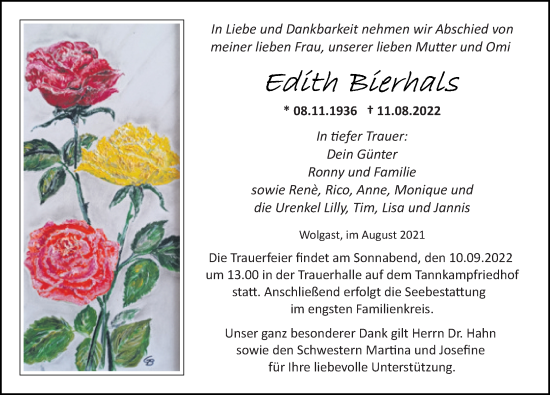 Traueranzeige von Edith Bierhals von Ostsee-Zeitung GmbH