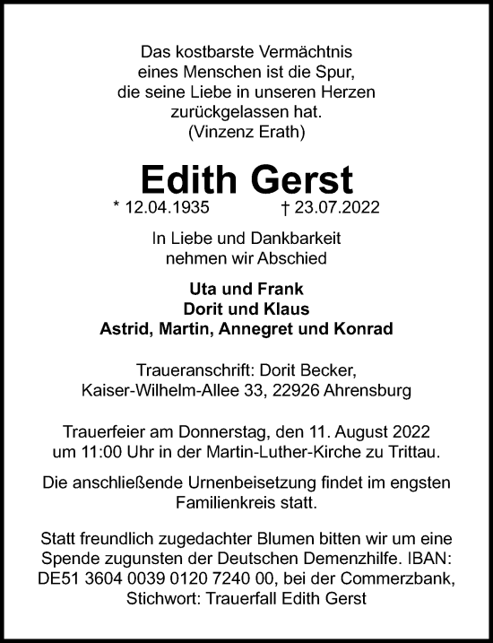 Traueranzeige von Edith Gerst von Märkischen Allgemeine Zeitung