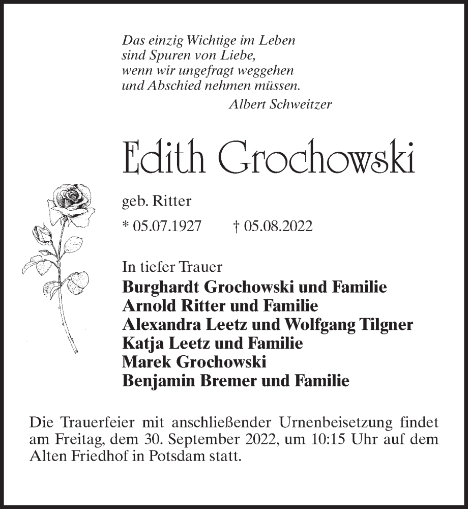  Traueranzeige für Edith Grochowgki vom 27.08.2022 aus Märkischen Allgemeine Zeitung