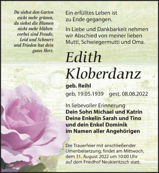 Traueranzeige von Edith Kloberdanz von Leipziger Volkszeitung