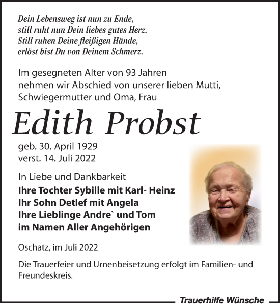 Traueranzeige von Edith Probst von Leipziger Volkszeitung