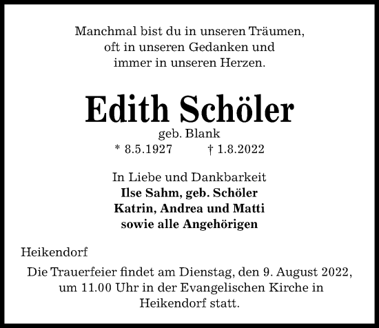 Traueranzeige von Edith Schöler von Kieler Nachrichten