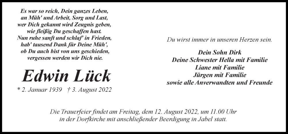  Traueranzeige für Edwin Lück vom 06.08.2022 aus Märkischen Allgemeine Zeitung