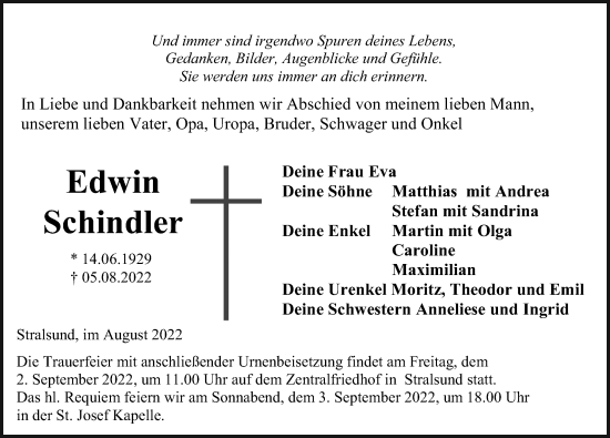 Traueranzeige von Edwin Schindler von Ostsee-Zeitung GmbH