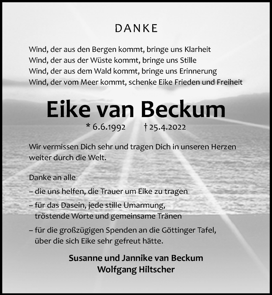  Traueranzeige für Eike van Beckum vom 13.08.2022 aus Göttinger Tageblatt