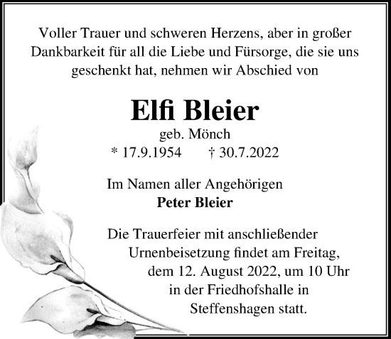 Traueranzeige von Elfi Bleier von Märkischen Allgemeine Zeitung