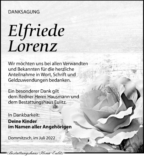 Traueranzeige von Elfriede Lorenz von Torgauer Zeitung