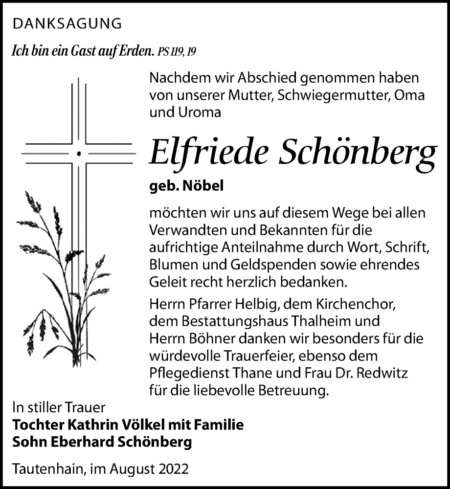  Traueranzeige für Elfriede Schönberg vom 20.08.2022 aus Leipziger Volkszeitung
