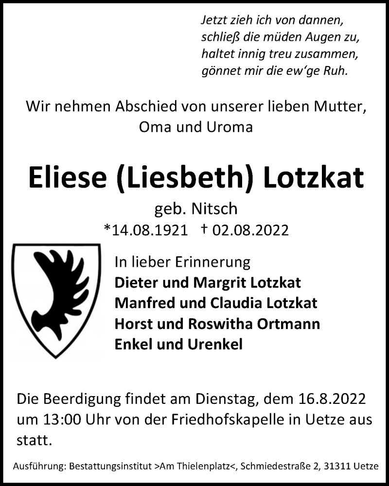  Traueranzeige für Eliese  Lotzkat vom 06.08.2022 aus Hannoversche Allgemeine Zeitung/Neue Presse