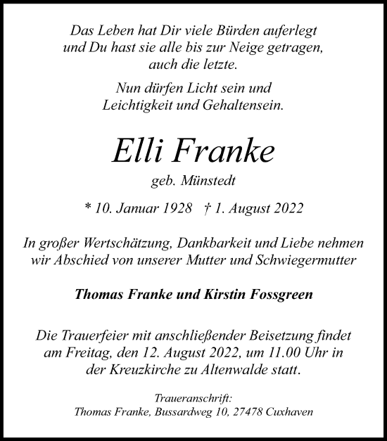Traueranzeige von Elli Franke von Peiner Allgemeine Zeitung