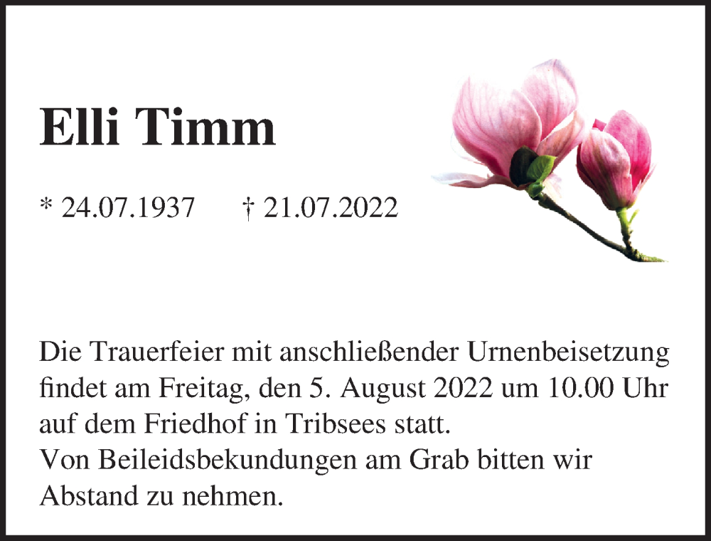  Traueranzeige für Elli Timm vom 03.08.2022 aus Ostsee-Zeitung GmbH