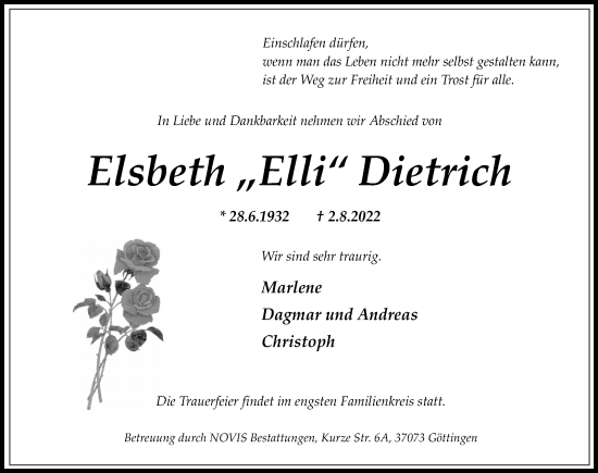 Traueranzeige von Elsbeth Dietrich von Göttinger Tageblatt