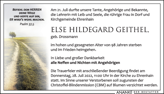 Traueranzeige von Else Hildegard Geithel von Leipziger Volkszeitung
