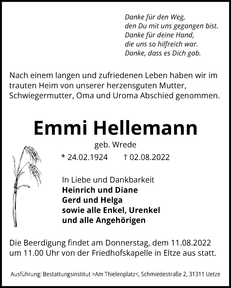  Traueranzeige für Emmi Hellemann vom 06.08.2022 aus Hannoversche Allgemeine Zeitung/Neue Presse