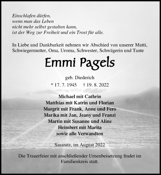 Traueranzeige von Emmi Pagels von Ostsee-Zeitung GmbH
