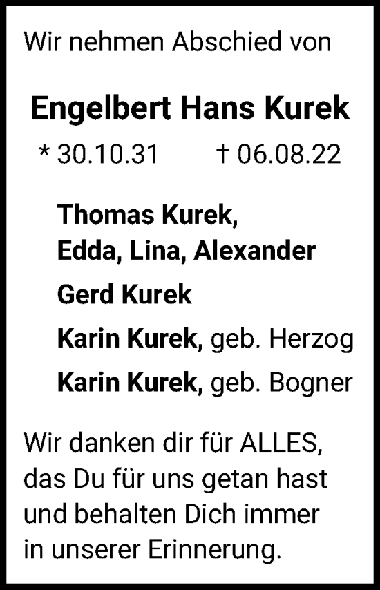 Traueranzeigen Von Engelbert Hans Kurek Trauer Anzeigende 9579