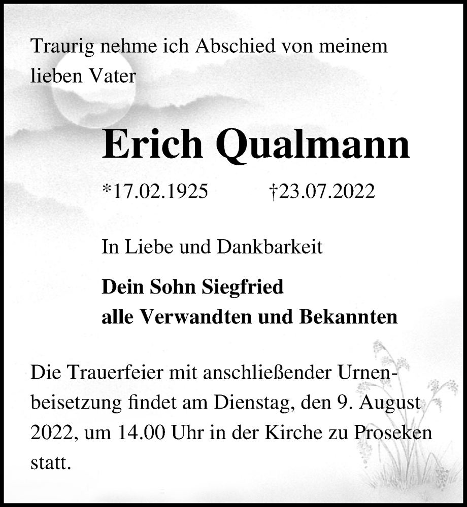  Traueranzeige für Erich Qualmann vom 05.08.2022 aus Ostsee-Zeitung GmbH