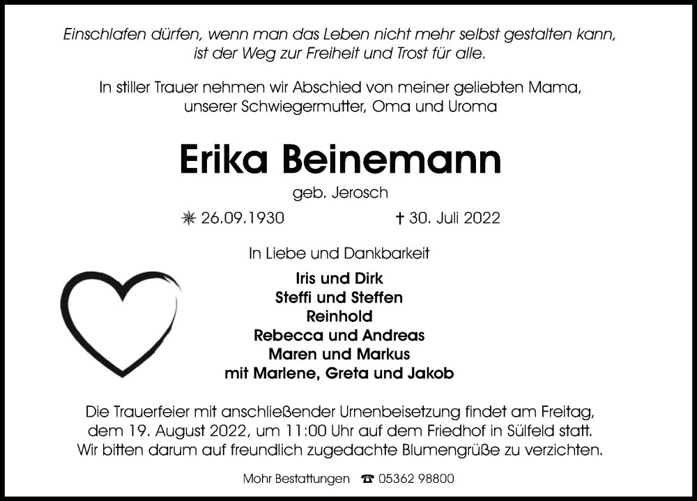  Traueranzeige für Erika Beinemann vom 06.08.2022 aus Aller Zeitung